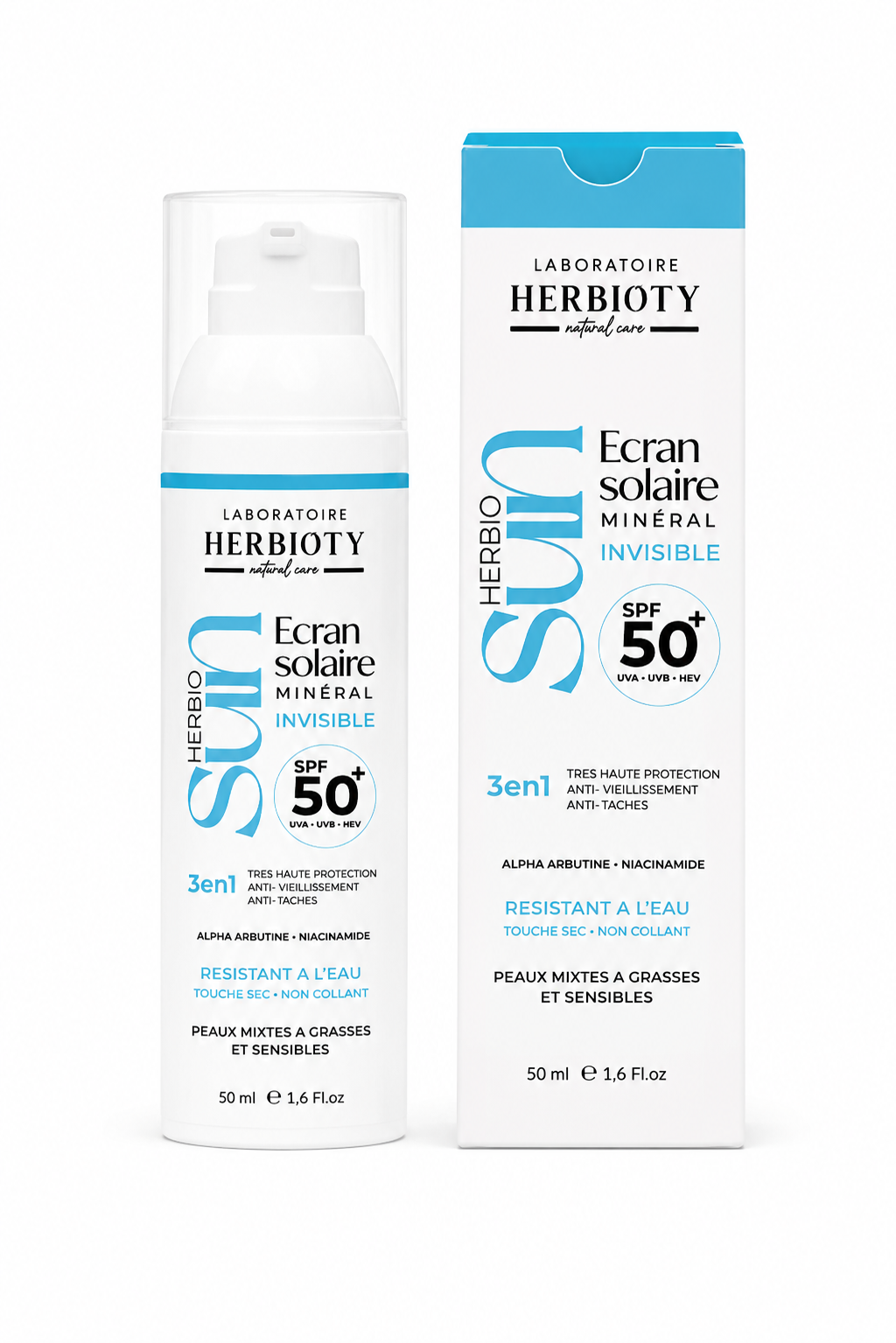 HERBIO SUN SPF50+ INVISIBLE – PEAUX GRASSES ET SENSIBLES – 50 ML